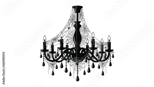 Gothic Chandelier with Spiderwebs: A dark, gothic chandelier adorned with delicate spiderwebs, evokes an atmosphere of eerie elegance and Halloween spirit.