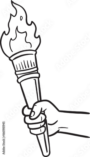 A hand-drawn vector illustration of a hand holding a flaming torch. This powerful symbol of leadership, victory, freedom, and enlightenment is perfect for designs related to sports, competition.