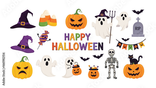 Enchanting Halloween Assortment: A vibrant, cartoonish collage featuring iconic Halloween elements such as pumpkins, ghosts, bats, and a variety of festive decorative items.