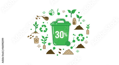 Eco-friendly waste reduction and recycling icon with composting elements