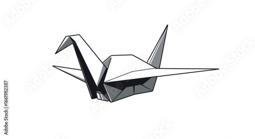 Origami crane in monochrome line art style on white background