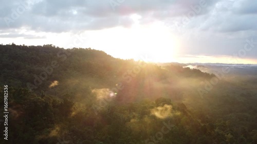 The morning sun rises over the lush jungle of Siberut Island, Mentawai, Sumatra. Drone footage advances into the glowing mist, revealing a cinematic tropical landscape bathed in golden light.