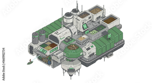 Futuristic isometric hydroponic farm module with greenhouse tanks and solar panels
