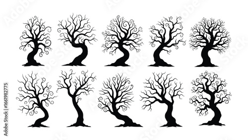 Spooky Silhouette Trees Collection: A collection of stylized black trees silhouetted against a blank canvas, perfect for evoking feelings of mystery and eeriness. 