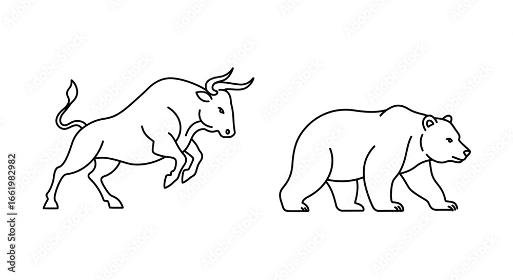 Fototapeta premium Bull and Bear Illustrative Line Art Representing Stock Market Trends