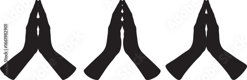 Three black silhouette praying hands in a row isolated on white background