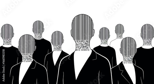 Barcode patterns on anonymous human figures in monochrome silhouette art