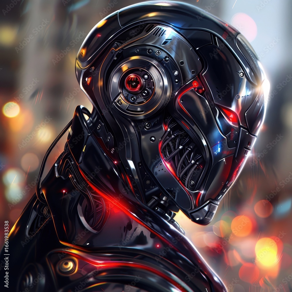 Fototapeta premium Futuristic Robot Portrait with Neon Lights in Urban Environment