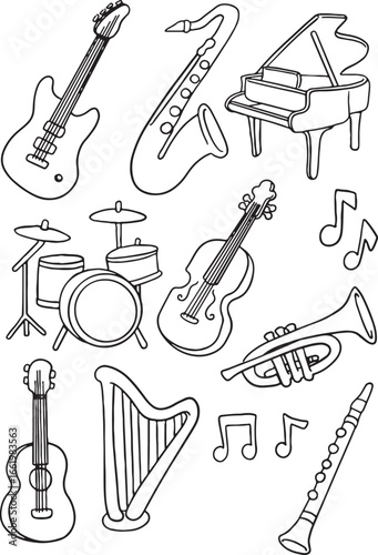 A set of hand-drawn vector icons featuring a variety of musical instruments. This collection includes guitars, a drum kit, saxophone, piano, harp, violin, and more, making it perfect for music-themed.