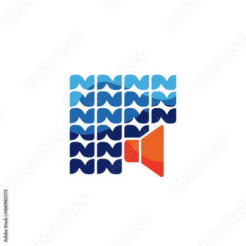 Abstract sound wave and speaker logo design in blue and orange.