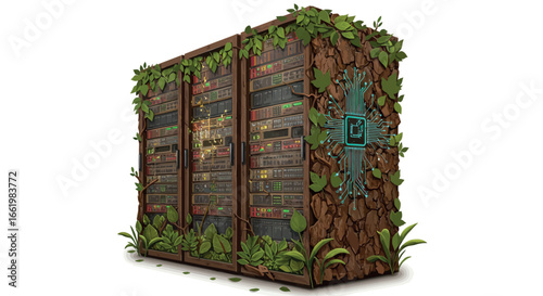Eco-friendly server with circuit design: nature and technology concept