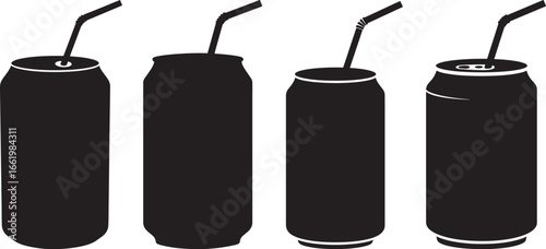 Four black silhouettes of soda cans with straws isolated on white background