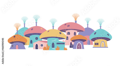 Colorful fantasy mushroom houses in whimsical village setting