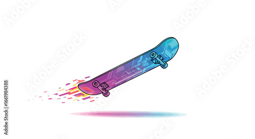 Futuristic glowing skateboard with neon digital circuit design and motion effect