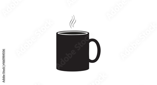 Simple black coffee mug icon with rising steam, representing relaxation and refreshment, isolated against a clean, minimalist white background