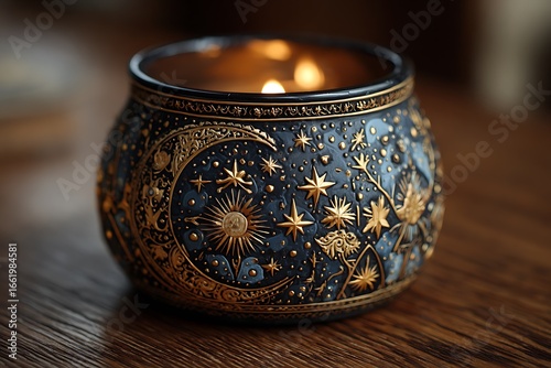 Dark and gilded cosmic candle display with crescent moon and stellar motifs
