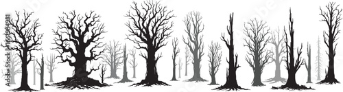 barren and arid forest. molt trees silhouette set. bare tree forest vector set