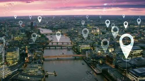 Aerial cityscape of London at twilight, overlaid with numerous location markers