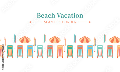 Summer beach vacation vector seamless border. Colorful striped parasols and sun loungers in a row isolated on white background. Fun playful coastal holidays horizontal repeat border frame design