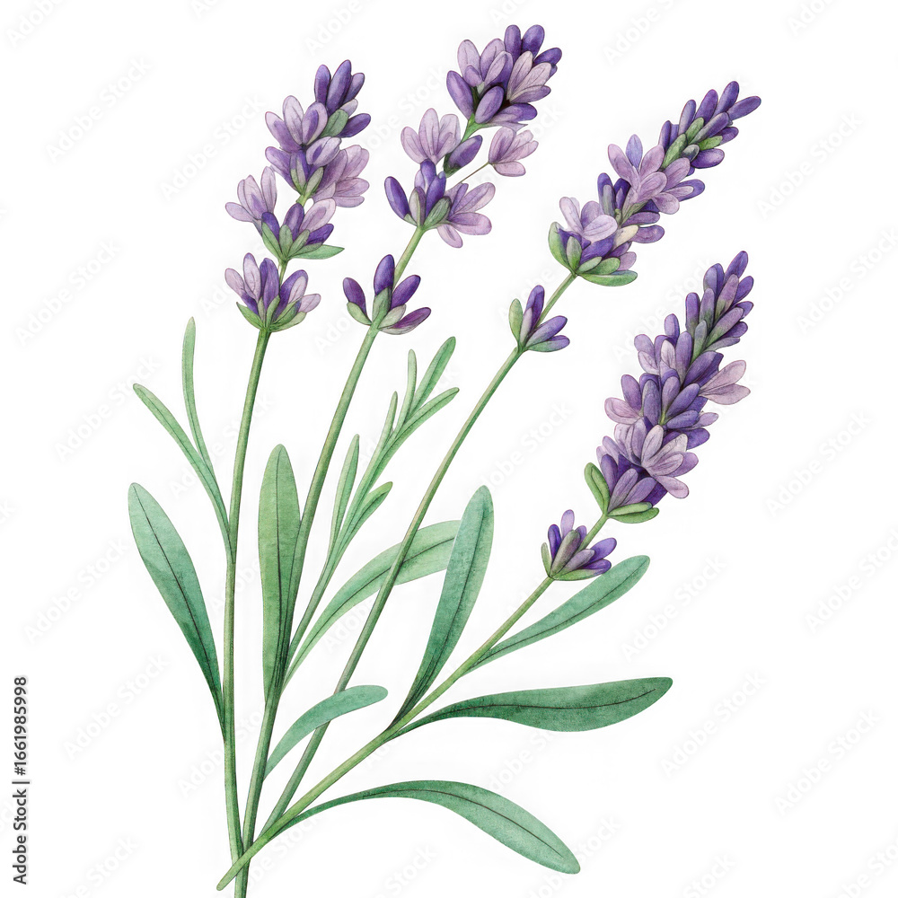 Naklejka premium Delicate purple lavender sprigs with green leaves isolated on transparent background