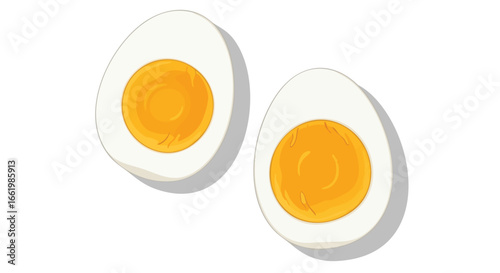 Stylized depiction of two halved hard-boiled eggs showcasing vibrant yolks against a stark white backdrop enhancing visual appeal