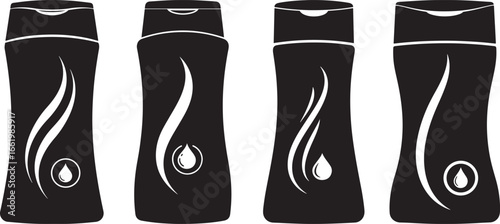 Four black silhouette shampoo bottles with white wavy lines and droplet icons isolated on white background silhouette
