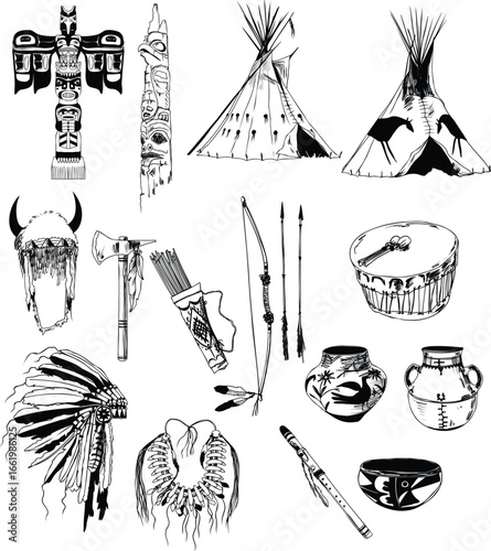 Hand-drawn illustrations of traditional tribal objects and tools including tomahawk, bow, arrows, drum, pottery, and headdress. Cultural sketch line art collection.