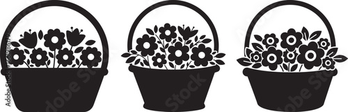 Three black flower baskets filled with floral designs silhouette isolated on white background