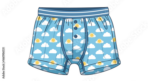 Cartoon boxer shorts with a sky pattern evoking themes of comfort and lightheartedness for everyday apparel design and product illustration