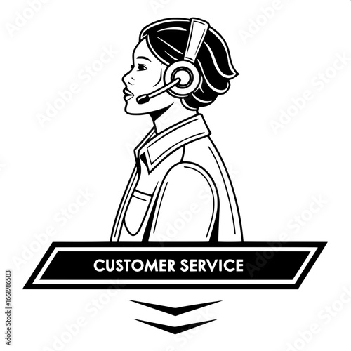 "Clean black-and-white outline drawing: a headset-wearing speaker in profile, torso and head visible, slightly facing forward, centered with bold label 'CUSTOMER SERVICE' beneath, white background."