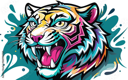 graffiti stylColorful Tiger Head Vector Illustration in Modern Pop Art Stylee roaring tiger face bold colors.eps