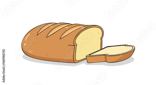 Illustration of sliced bread loaf showing its freshness and simple ingredients with a slice that is cut from the loaf showcasing a cartoonish style