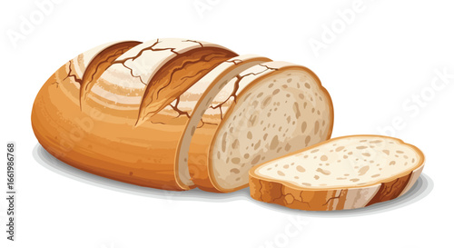Artistic depiction of freshly baked sliced sourdough bread with rustic crust and soft interior texture against a plain backdrop offering a