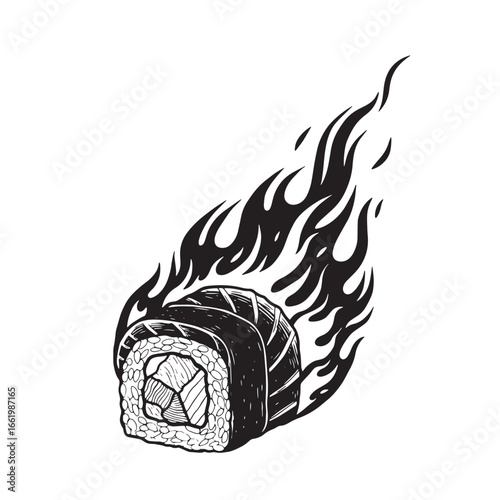 Vector illustration of a sushi roll in flames representing speed or spicy food