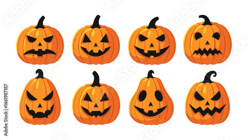 Carved Pumpkins for Halloween: An array of carved pumpkins with unique expressions are displayed, offering a delightful array of emotions, perfectly embodying the spirit of Halloween. 