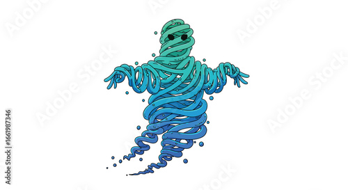 Twisting spirals creature: green and blue abstract ghostly figure