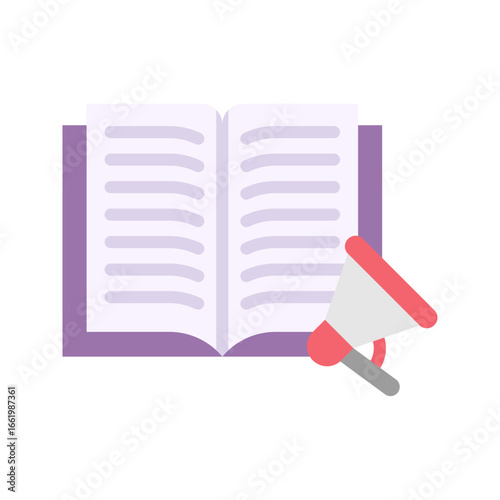 This graphic depicts an open book with text lines alongside a megaphone. It suggests learning communication or public announcements through literature. Ideal for educational outreach content.