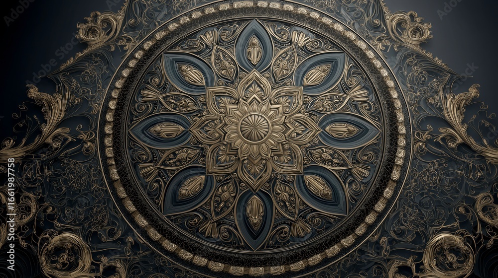 Obraz premium Intricate Gold and Black Mandala Design with Ornate Floral Elements for Artistic and Cultural Decor