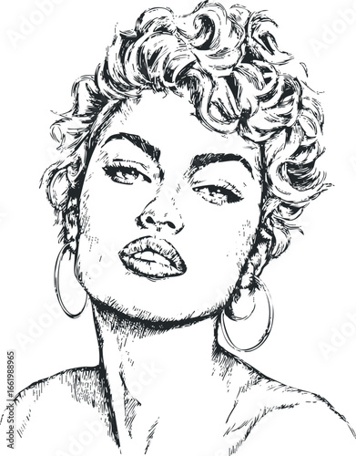 Bold woman with curly hair and hoop earrings in sketchy black and white