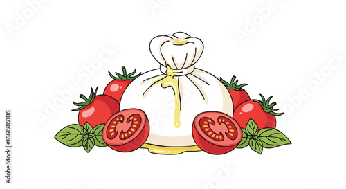 Delightful still life featuring burrata cheese tomatoes and basil leaves for culinary themed designs and gourmet food illustrations showcasing