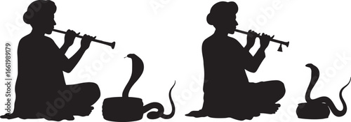 Indian snake charmer playing flute with cobra in silhouette isolated on white background