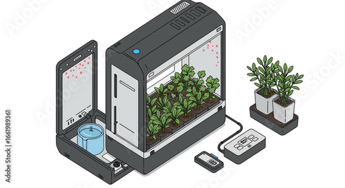 Indoor smart garden with hydroponic system and led grow lights in isometric style