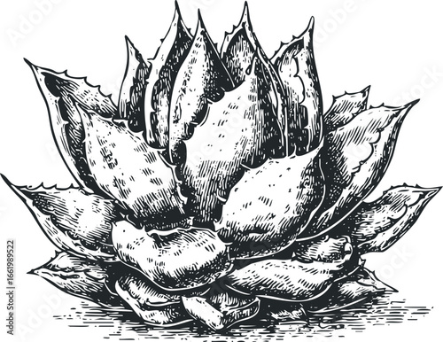 Detailed Engraved Agave Plant with Spiky Leaves and Textured Surface