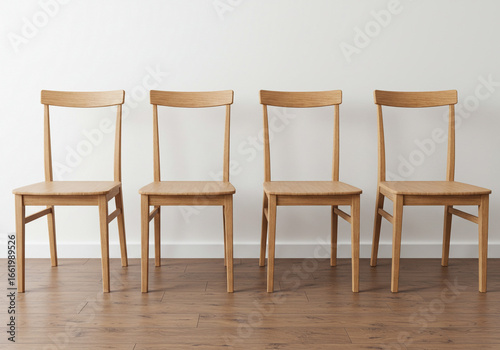 Row of Four Minimalist Wooden Chairs with Straight Backs Against White Wall