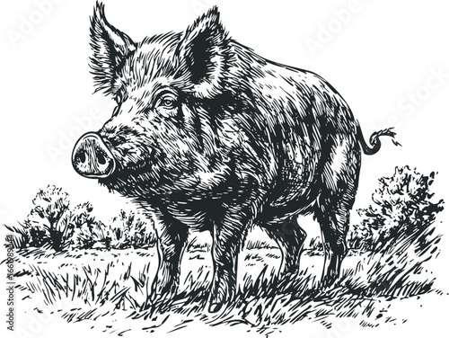 Detailed ink drawing of a wild boar in a grassy field
