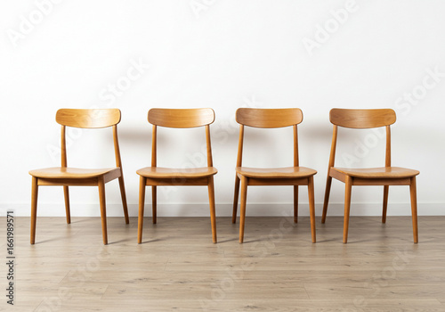 Row of Four Modern Wooden Chairs with Curved Backrests on Wooden Floor