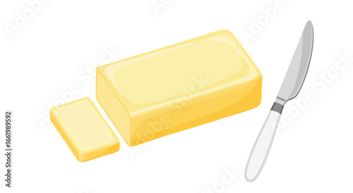Appetizing block of butter next to a silver blade, ready for a culinary creation offering freshness and simplicity for food preparation illustration