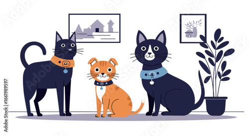 Playful cats in a living room with plant and art on wall