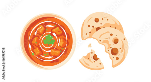 Delicious paneer butter masala with freshly baked naan bread flat lay culinary composition inviting visual feast capturing indian cultural dish