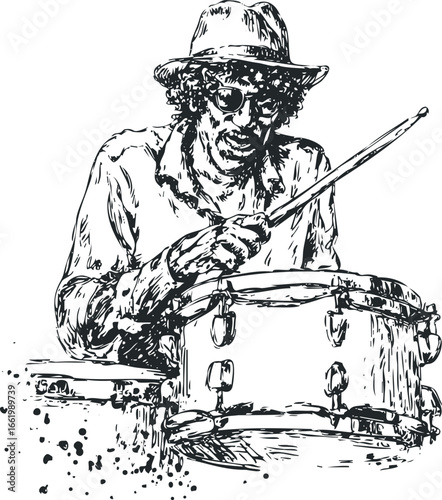 Musician playing drum set with expressive brush strokes